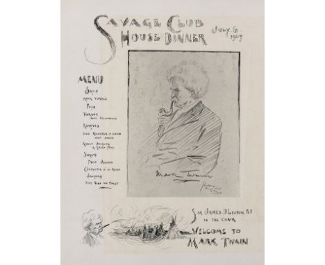 Twain (Mark).- Savage Club House Dinner Welcome to Mark Twain, printed illustrated menu of the Savage Club, depicting a portr