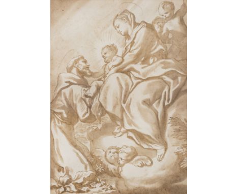 Piola (Domenico, 1627-1703), Attributed to. Madonna and Child with St Francis, pen and brown ink, brown wash, traces of black