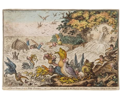Gillray (James, 1756-1815) A great Stream from a Petty-Fountain;-or-John Bull swamped in the flood of new-taxes:-cormorants f