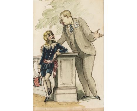 Whistler (Rex) "?" [Long-haired child with drum leaning on a balustrade], pen and brown and black inks, pencil and watercolou