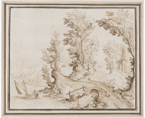 Frigoni, called Bazzicaluva (Ercole, c.1607-1661) Wooded landscape with river, fortified town and bridge in the distance, pen