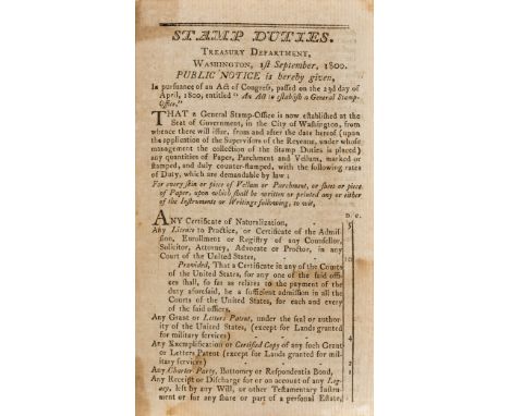 America.- Unrecorded stamp duties.- Treasury Department. Stamp Duties...Washington 1st September, 1800. Public notice is here