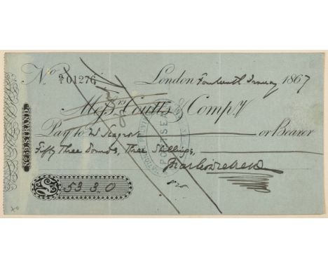 Dickens (Charles, novelist, 1812-70) Autograph cheque signed "Charles Dickens" paid to "W Seagrove" for the sum of Fifty thre