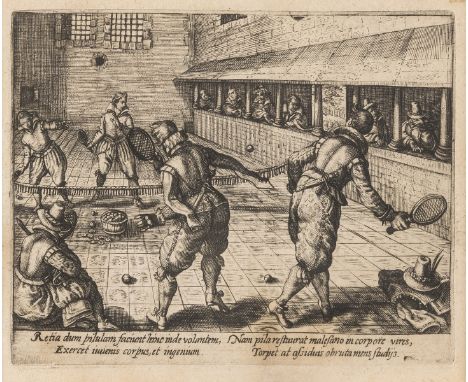 Tennis.- Passe the Elder (Crispin van de) &amp; Workshop. [Students playing tennis in an indoor tennis court], a single plate