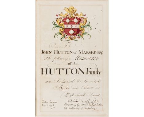 Hutton Family of Marske Hall, Richmond.- Ducarel (Andrew Coltée, librarian and antiquary, 1713-85) Memoires of the Hutton Fam