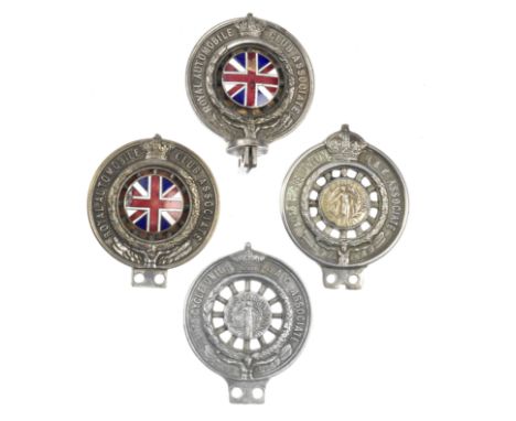 Four motorcycle size RAC Associate Members badges,comprising solid nickel Auto Cycle Union badge by Birmingham Medal Co, numb