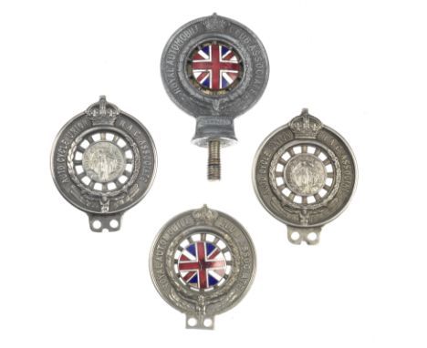 Four motorcycle size RAC Associate Members badges,comprising two Auto Cycle Union badges by Birmingham Medal Co, numbered 100