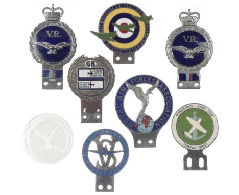 Seven Aero Club car badges,comprising five enamelled badges for: Royal Air Forces Association, 'V.R.'(Volunteer Reserves) bad