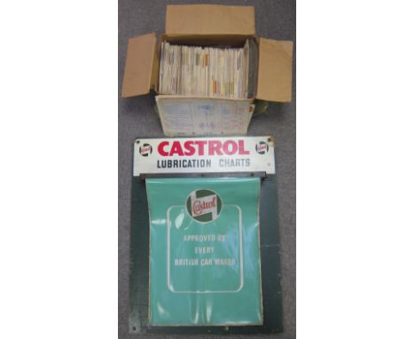 Castrol Lubrication charts,on a wall-mounting holder, together with a box of assorted lubrication charts, mainly motor car, o