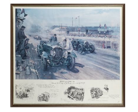'Bentley at Le Mans, 1929' a framed print after Terence Cuneo,depicting d'Erlanger filling the sump in the pits as Dunfee spe