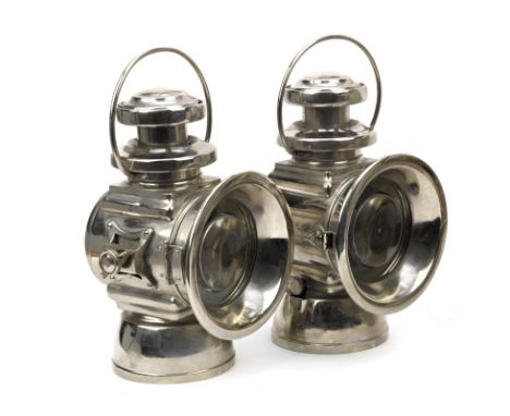 A pair of Lucas 'King of The Road', model 664, oil-illuminated lamps, British,each nickel body with reservoir, burner and wic