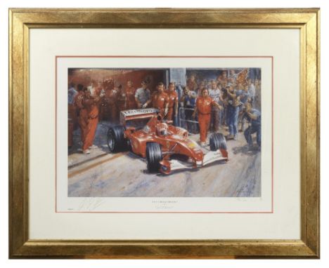 'Just another day at the office', signed, limited edition print after Alan Fearnley,number 437/500, signed by Michael Schumac
