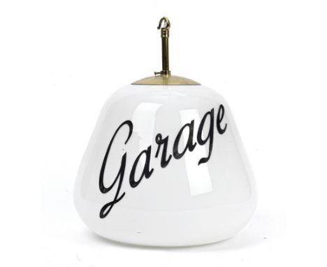 A 'Garage' glass light shade,white glass with etched lettering painted in black, (very small chips to inside of neck), the gl