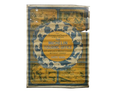A 'Michelin Touring Office' poster, British, 1923,lithographic poster printed in blue and yellow, featuring Mr Bibendum and f