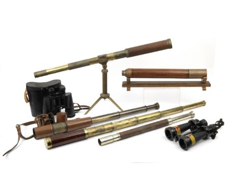 Seven assorted telescopes and binoculars,comprising a Martin Hall 2-inch telescope, four-draw,  wooden barrel (split), with l