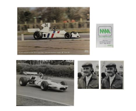 A James Hunt signed photoprint, and Graham Hill signed images,colour photographic image on card of Hunt in the 1974 Hesketh F