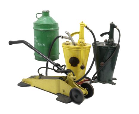 A Dunlop Trolley Compressor and two garage oil dispensers,the compressor painted yellow, complete with cylinder, handle, whee