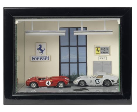 A 'Ferrari Showroom - Saints of Epsom' model diorama by Classic Car Art,a Box Art display comprising two 1:43 scale models of