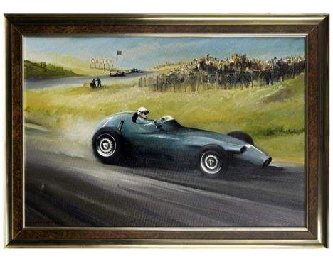 Dion Pears (British 1929-1985), 'BRM's First Victory - 1959 Dutch Grand Prix',signed, oil on canvas, depicting Jo Bonnier in 
