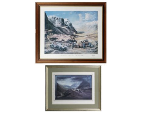 Two framed limited edition Rolls-Royce Silver Ghost prints,comprising 'Ghosts at Glencoe' after M.J.Eaglesfield, numbered 85/