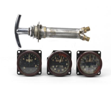 Three Supermarine Spitfire boost gauges and a Ki-Gass pump,as used in World War II Spitfire, Hurricane and other RAF wartime 