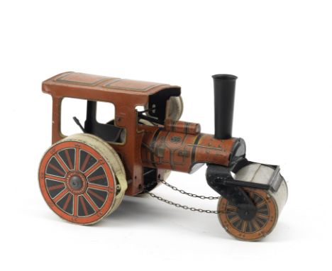 A tinplate clockwork steam roller toy, German, 1930s,lithographed main body in orange, black and yellow, playworn, with integ