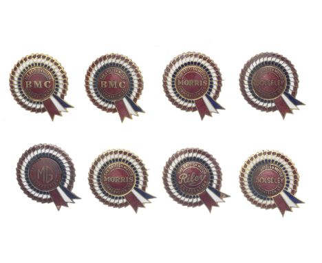 Eight BMC Group 'Rosette' enamel lapel badges,for BMC (x2), Morris (x2), Wolseley (x2), Riley and MG, each pin back made by B