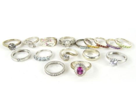 Various dress rings, mainly stone set, solitaires, eternity rings, dress rings, etc., some marked silver others unmarked, 1½o