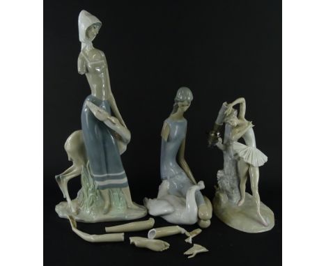 Various Lladro and similar figures, to include a ballerina lamp, a larger figure of a lady aside a fawn, 44cm high and anothe