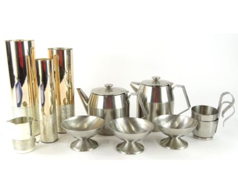 Various Scandinavian type and other plated ware, Devlin style plated vase, 24cm high, other cylindrical vases similar, Scandi