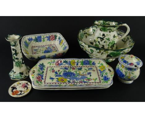 Various Masons Ironstone, a Chartreuse pattern footed bowl, 26cm wide, jug, candlestick, Masons Regency pattern dish, serving