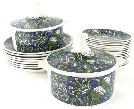 A Portmeirion pottery Susan Williams-Ellis Magic Garden pattern part dinner service, comprising two lidded tureens, 24cm wide