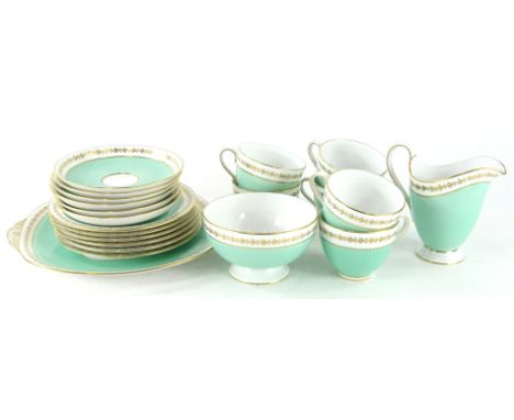 A 20th Copeland Spode china part tea service, comprising sandwich plate, 25cm wide, milk jug, sugar bowl and six of each cups