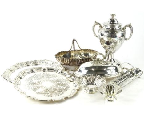 Various silver plated ware, two salvers, a samovar with front tap, 29cm high, partially chased with flowers and flanked by 'C