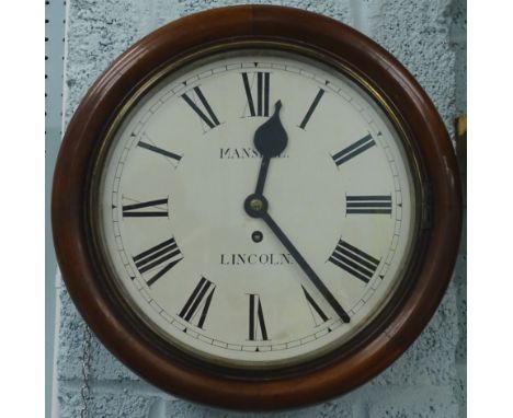 Mansell Lincoln. A 19thC mahogany wall clock, of circular form, in plain case with 29cm diameter Roman numeric dial, revealin