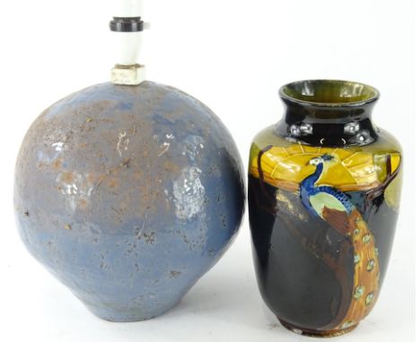 A 20thC Studio Pottery lamp, of globular form in blue and brown glazes, with modern fitting, 40cm high and a Phoenix ware TF 