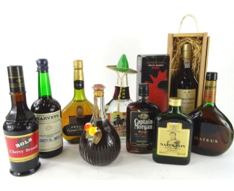 Various alcohol, Mateus rose 75cl, Bols Cherry Brandy, Cockburn's port, Harvey's Bristol Milk Sherry, Captain Morgan rum, Teq