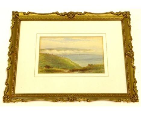 Fred Miller (19thC English School).  Seascape with cliffs in the distance on a summers day, watercolour, signed, 14cm x 24cm.