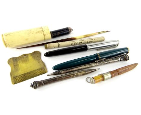 Various pens etc., a 19thC bone nib brush, 8cm high, a Parker fountain pen in green with gilt coloured arrow clip and 14K nib