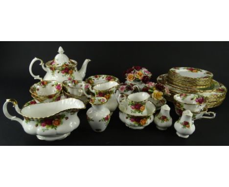 Various Royal Albert Old Country Roses teaware, comprising a teapot, 21cm high, six cups, gravy boat, milk jug, vase, salt an