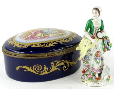 A continental porcelain enamel style lidded jar, the domed top signed A Pols, set with courting couple, with an oval border o