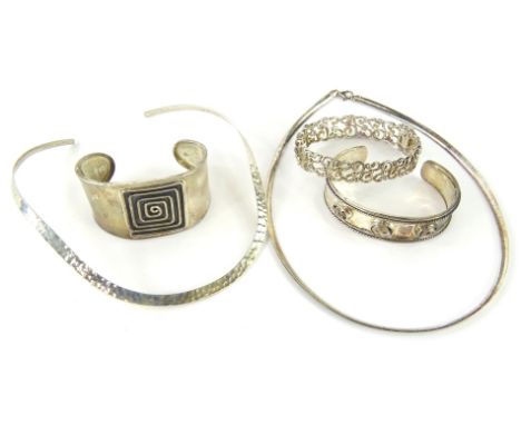 Various jewellery, a bangle with rounded square emblem marked Mexico 925, 7cm wide, a further bangle marked 925, flapper type