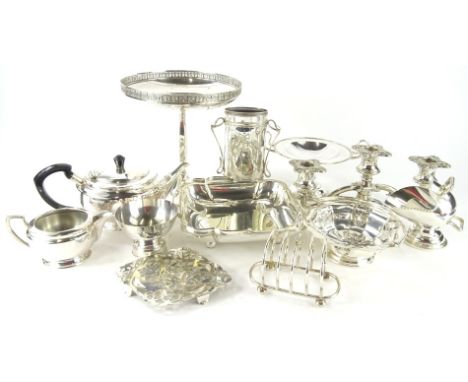 Various silver plated ware, a three branch candelabrum, 29cm wide, four sectional toast rack, tazza, bullet shaped teapot, op