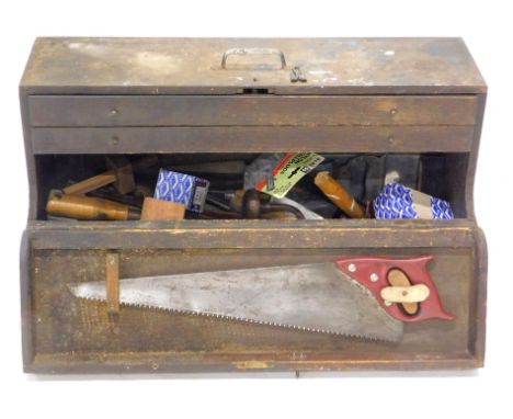 A 19thC tool cabinet, of rectangular form with visible dove tails, 29cm high, 76cm wide, 43cm deep, with a fitted interior an