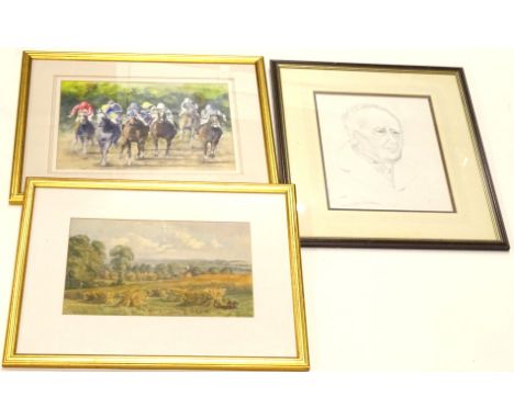 David Seargill (20thC).  Horse race, watercolour, signed, 26cm x 36cm, a further 20thC English School watercolour, hayfields 