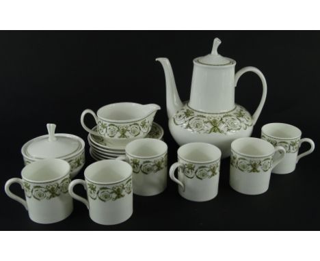 A Wedgwood Perugia pattern coffee service, comprising coffee pot, 24cm high, lidded sugar bowl, milk jug, six coffee cans and