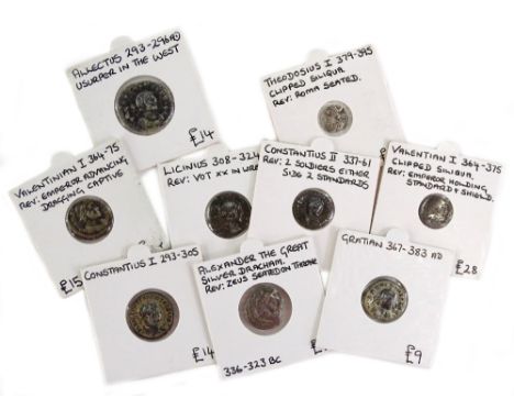 Various silver and other hammered coins, to include Gratin 367-383AD, Valentian I Alexander The Great, Constantius, other Rom