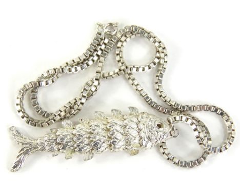 A modern fish pendant and chain, the silver box link chain, with a silver plated fish pendant, 50.8g all in. 