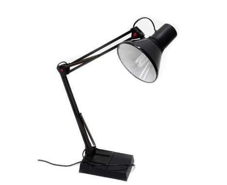 A black enamel Anglepoise type lamp, with plastic base, 81cm high.
