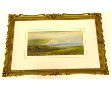 Fred Miller (19thC English School).  Figure on a cliff, seascape on a summers day, watercolour, signed, 14cm x 30cm.